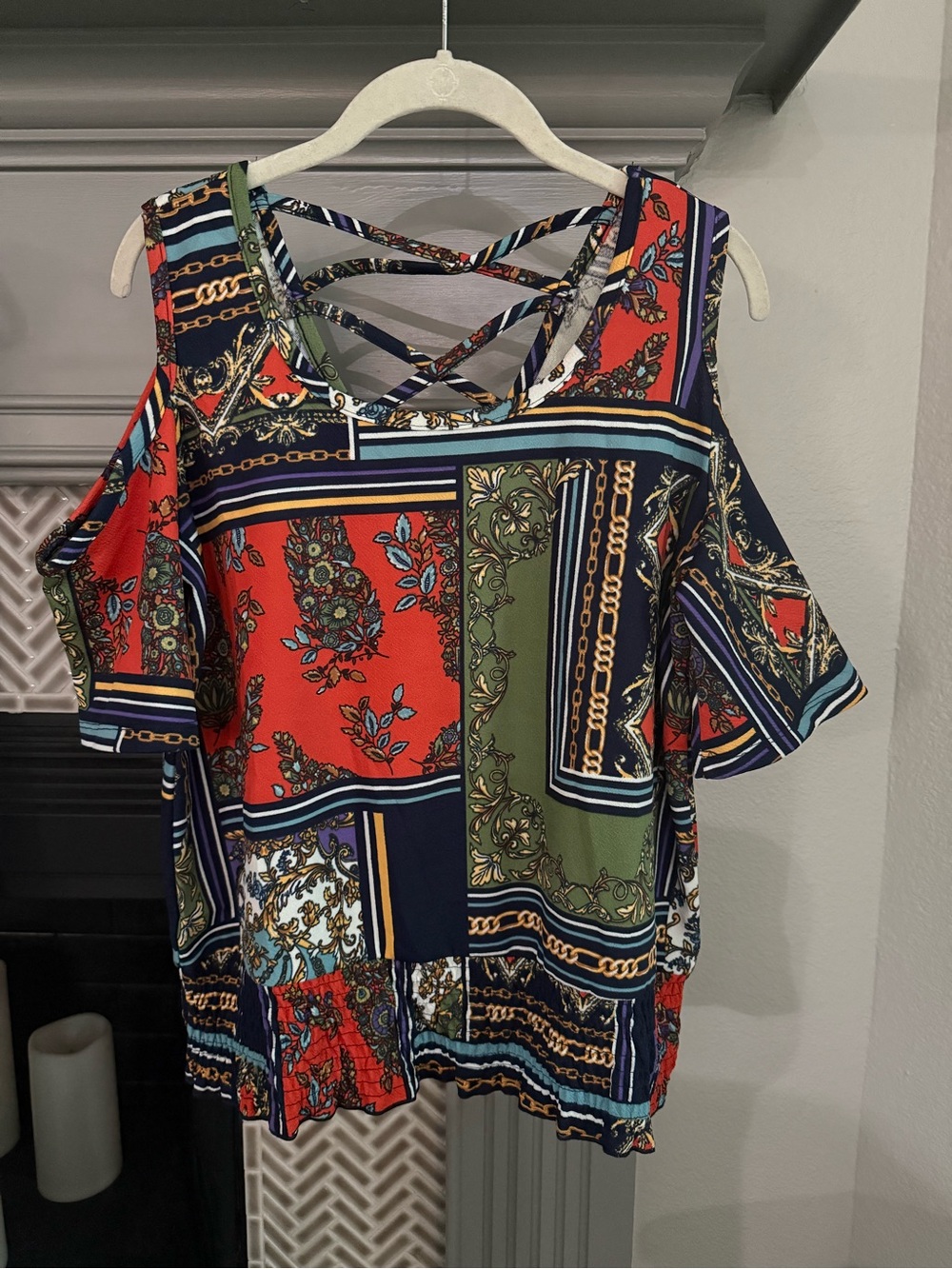 goddess Cold-Shoulder Patchwork Tunic in Orange, Green & Navy